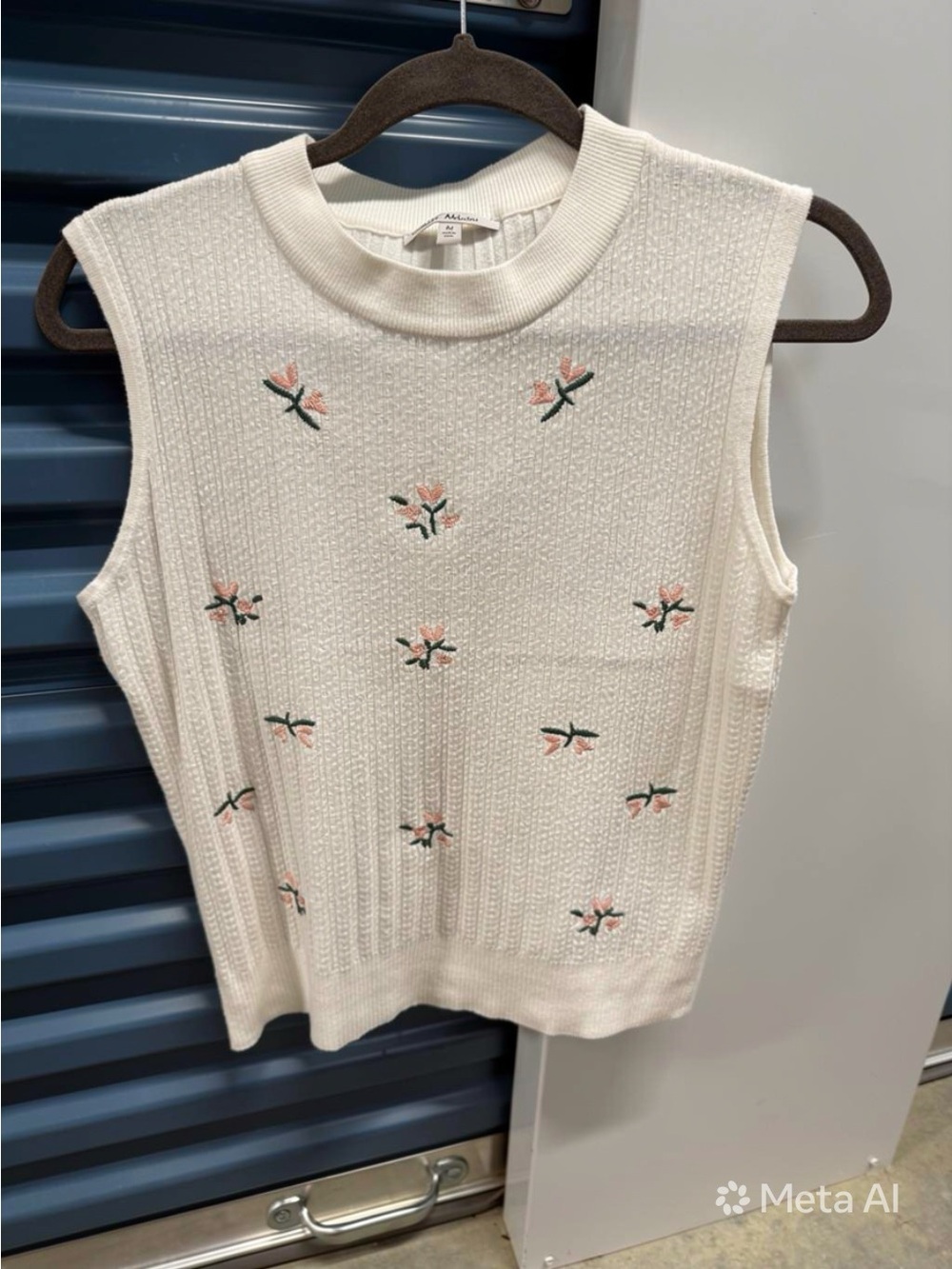 Sleeveless Ivory Knit Tank with Pink Floral Embroidery Size M